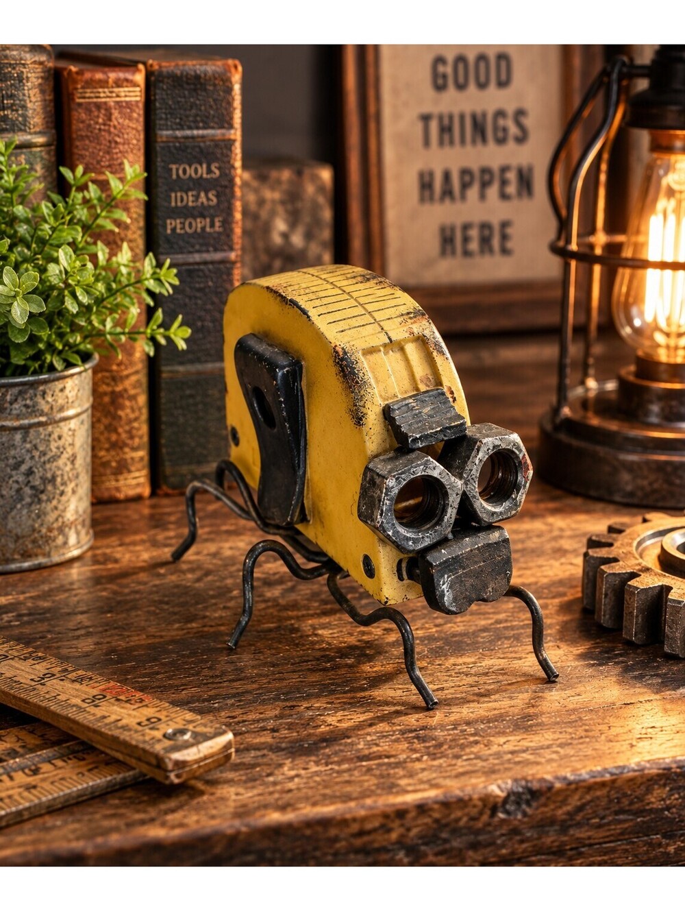 Vintage Folk Art Tape Measure Robot Bug Sculpture Industrial Tool Decor